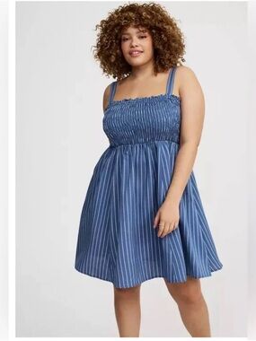torrid Blue and White Vertical-Stripe Smocked Dress size 0